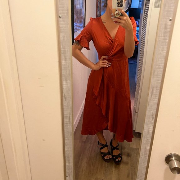 Terra Cotta Faux Wrap style Midi Dress - M - Picture 12 of 12